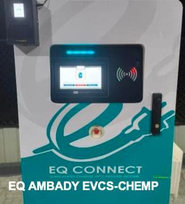 Close view of an EQ Connect branded charging unit at Ambady EVCS